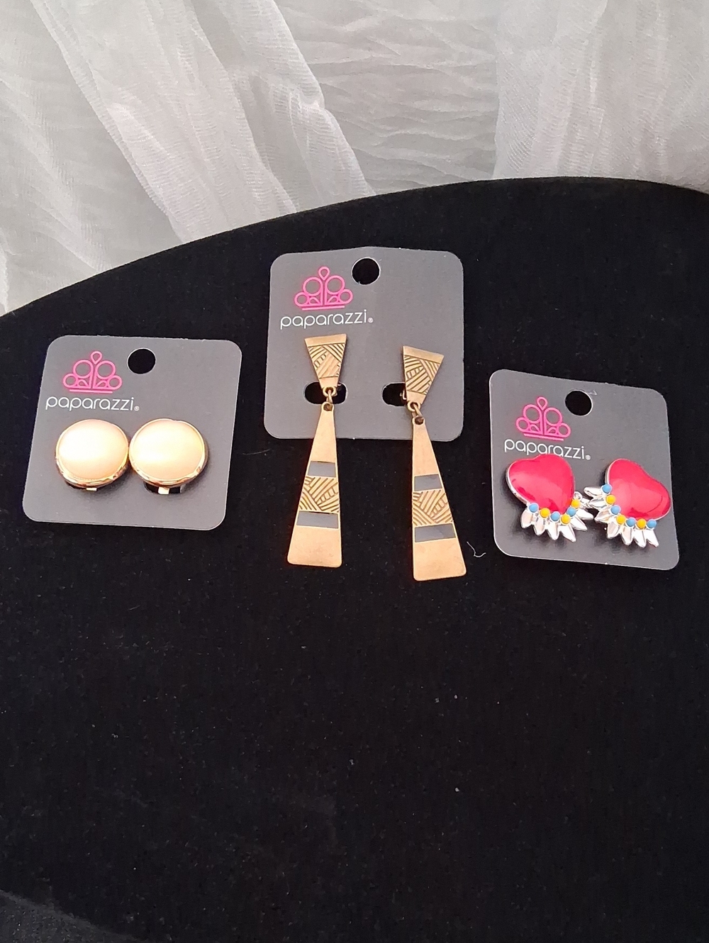 3 Paparazzi Gold-Tone Geometric Drop Earrings - Gold Clip On.
